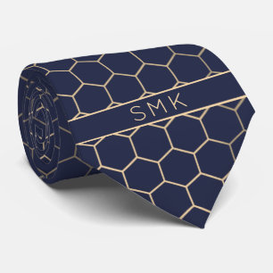 Modern Navy Blue Gold Foil Geometric Monogram Tie