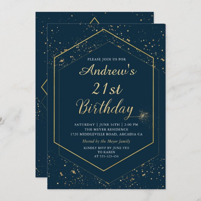 Modern Navy Blue Gold Geometric Birthday Invitation (Front/Back)