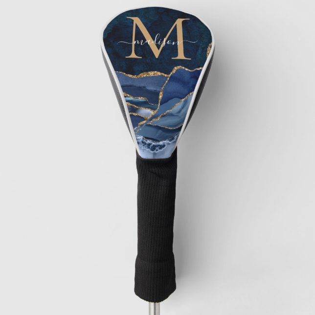 Modern Navy Blue Gold Glitter Agate Geode Monogram Golf Head Cover (Front)