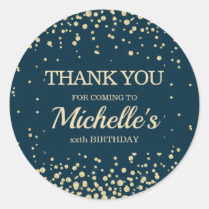 Modern Navy Blue Gold Glitter Birthday Thank You Classic Round Sticker