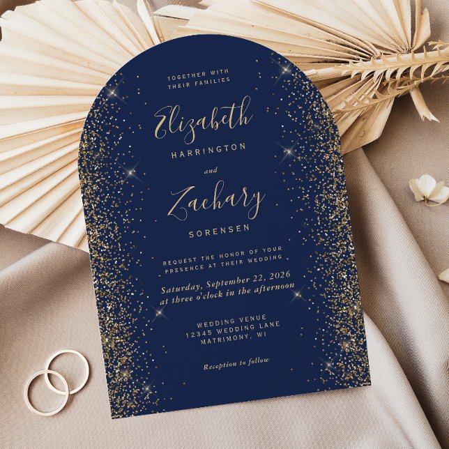 Modern Navy Blue Gold Glitter Edge Arch Wedding Invitation (Creator Uploaded)