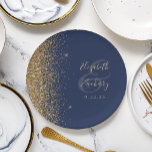 Modern Navy Blue Gold Glitter Edge Wedding Paper Plate<br><div class="desc">The left-hand edge of these elegant modern wedding paper plates features a gold faux glitter design. Personalise them with the names of the bride and groom in pale gold-coloured handwriting script over a large ampersand on a navy blue background,  with the wedding date below.</div>