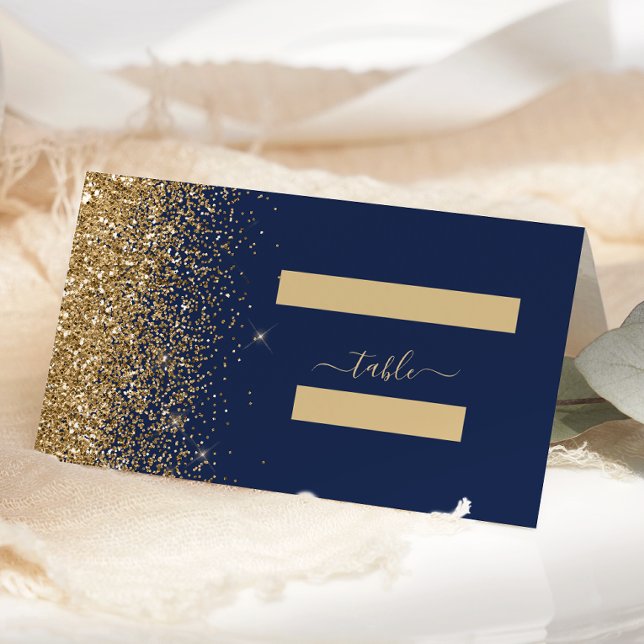 Modern Navy Blue Gold Glitter Edge Wedding Place Card (Creator Uploaded)