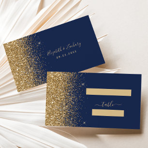 Modern Navy Blue Gold Glitter Edge Wedding Place Card