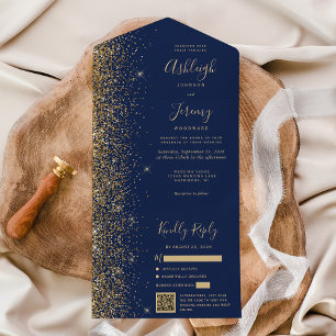 Modern Navy Blue Gold Glitter QR Code Wedding All In One Invitation