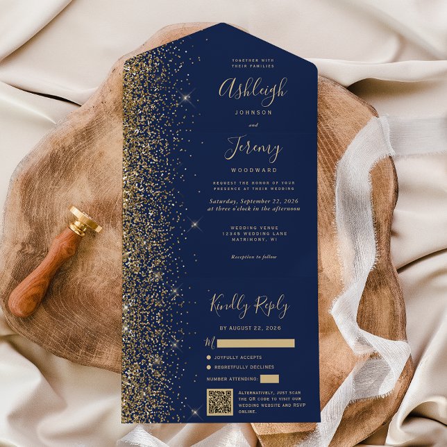 Modern Navy Blue Gold Glitter QR Code Wedding All In One Invitation (Creator Uploaded)