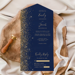 Modern Navy Blue Gold Glitter Wedding All In One Invitation