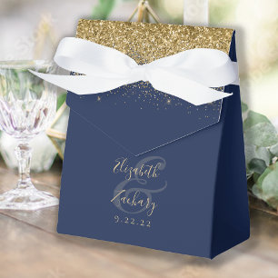 Modern Navy Blue Gold Glitter Wedding Favour Box