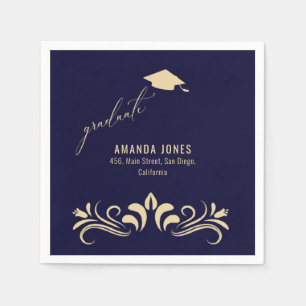 Modern Navy Blue Gold Grad Cap Graduation Napkin