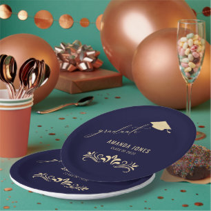 Modern Navy Blue Gold Grad Cap Graduation Paper Plate