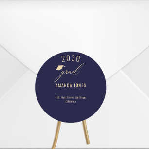 Modern Navy Blue Gold Graduation  Classic Round Sticker