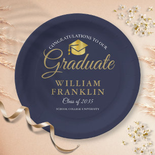 Modern Navy Blue Gold Graduation Party Paper Plate