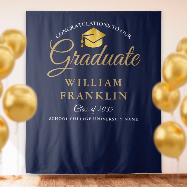 Modern Navy Blue Gold Graduation Photo Backdrop Tapestry (Creator Uploaded)