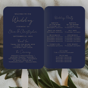 Modern Navy Blue Gold Handwriting Wedding Program Hand Fan