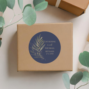 Modern Navy Blue Gold Leaf Wedding Monogram Classic Round Sticker