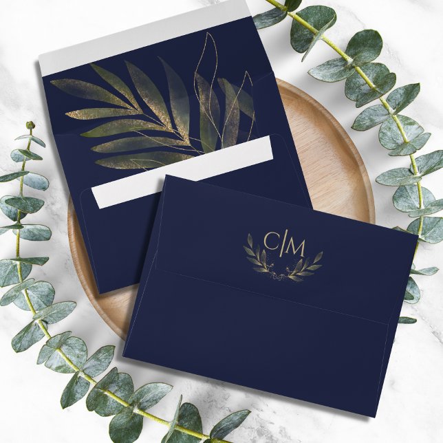 Modern Navy Blue Gold Leaf Wedding Monogram Envelope (Creator Uploaded)