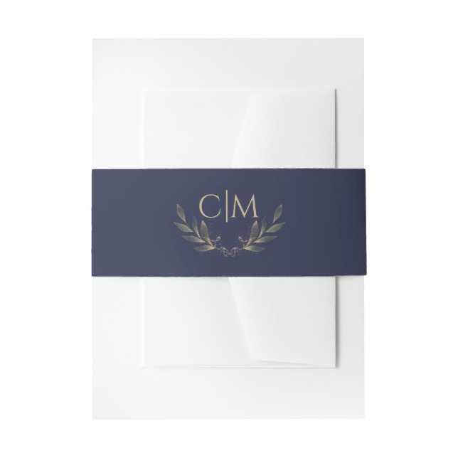 Modern Navy Blue Gold Leaf Wedding Monogram Invitation Belly Band (Front Example)