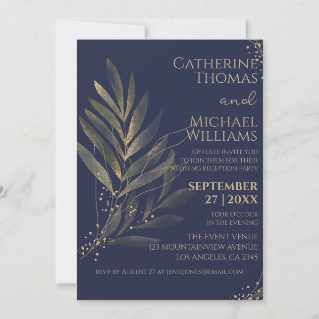 Modern Navy Blue Gold Leaf Wedding Reception Invitation (Front)