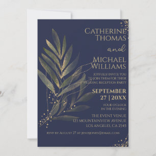 Modern Navy Blue Gold Leaf Wedding Reception Invitation