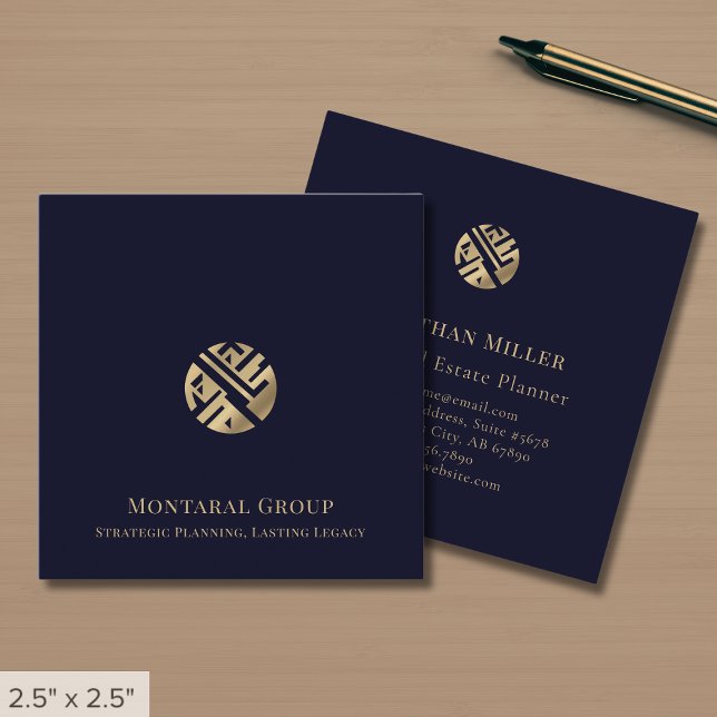 Modern Navy Blue Gold Logo Square Business Card (Creator Uploaded)