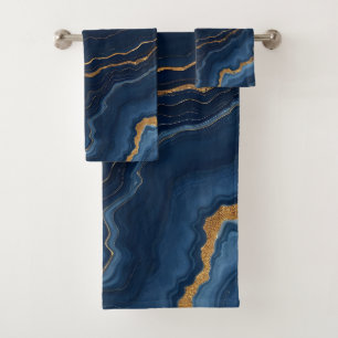 Modern Navy Blue Gold Marble Collection Bath Towel Set