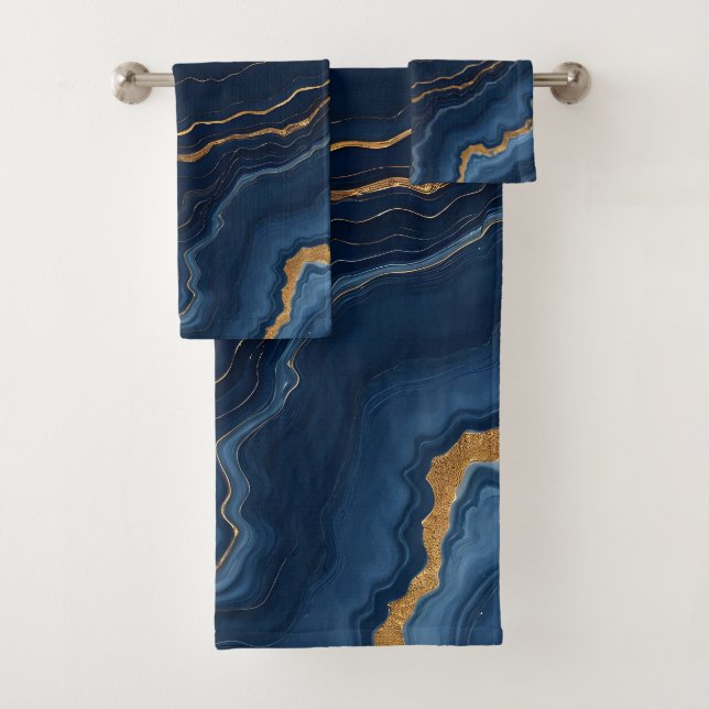 Modern Navy Blue Gold Marble Collection Bath Towel Set (Insitu)