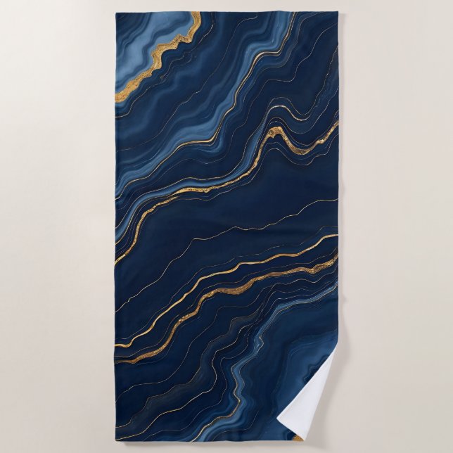 Modern Navy Blue Gold Marble Collection Beach Towel (Front)