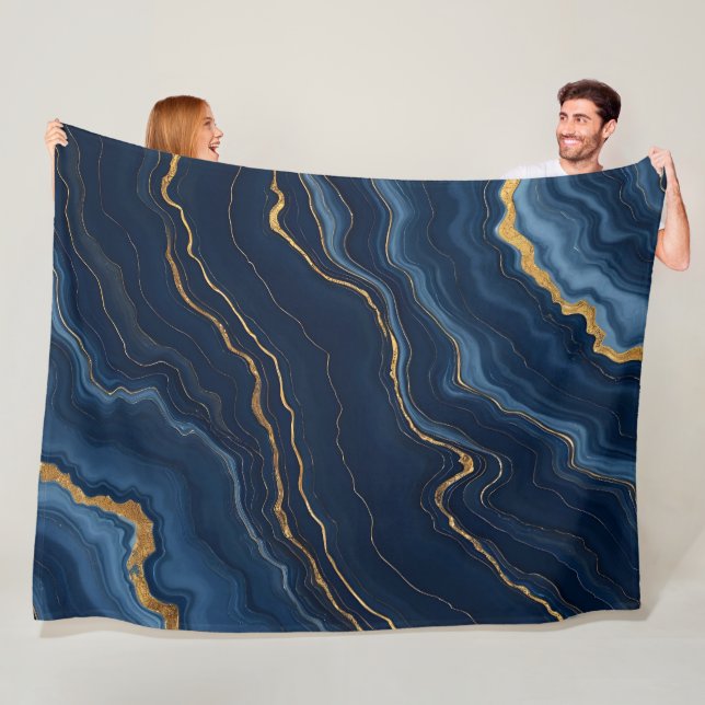 Modern Navy Blue Gold Marble Collection Fleece Blanket (In Situ)