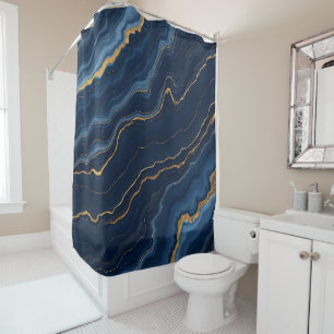Modern Navy Blue Gold Marble Collection Shower Curtain