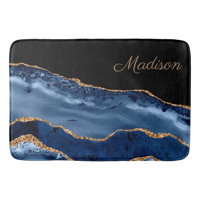 Modern Navy Blue Gold Marble Glitter Monogram  Bath Mat (Front)