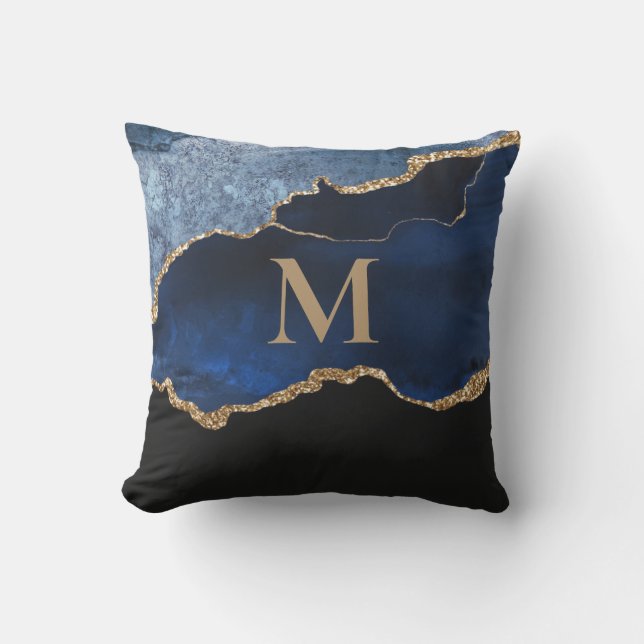 Modern Navy Blue Gold Marble Glitter Monogram Cushion (Front)