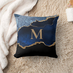 Modern Navy Blue Gold Marble Glitter Monogram  Thr Cushion