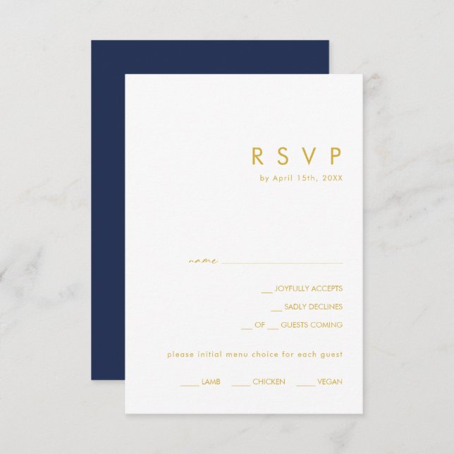 Modern Navy Blue | Gold Menu Choice RSVP Card (Front/Back)