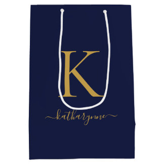 Modern Navy Blue Gold Monogram Name Medium Gift Bag