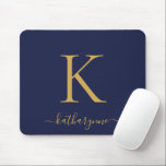 Modern Navy Blue Gold Monogram Script Mouse Pad<br><div class="desc">Modern Elegant Gold Monogram Script on a chic navy blue mouse pad. Easy to customise with your own name and details. Perfect for your modern minimalist yet luxury lifestyle! Please contact us at cedarandstring@gmail.com if you need assistance with the design or matching products.</div>