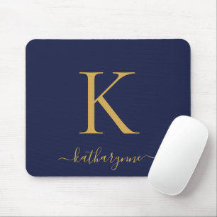 Modern Navy Blue Gold Monogram Script Mouse Pad