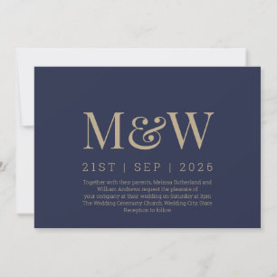 Modern Navy Blue Gold Monogram Wedding Invitation