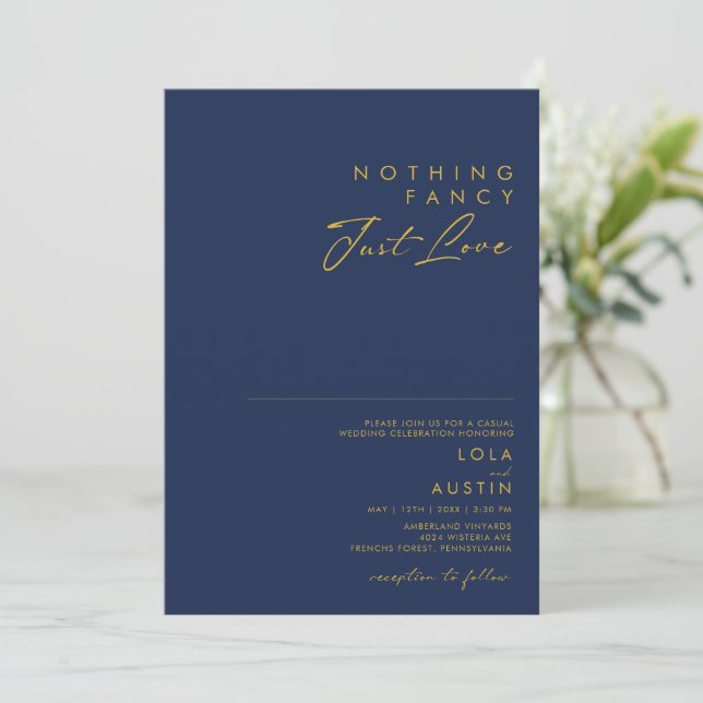 Modern Navy Blue | Gold  Nothing Fancy Wedding Invitation (Standing Front)