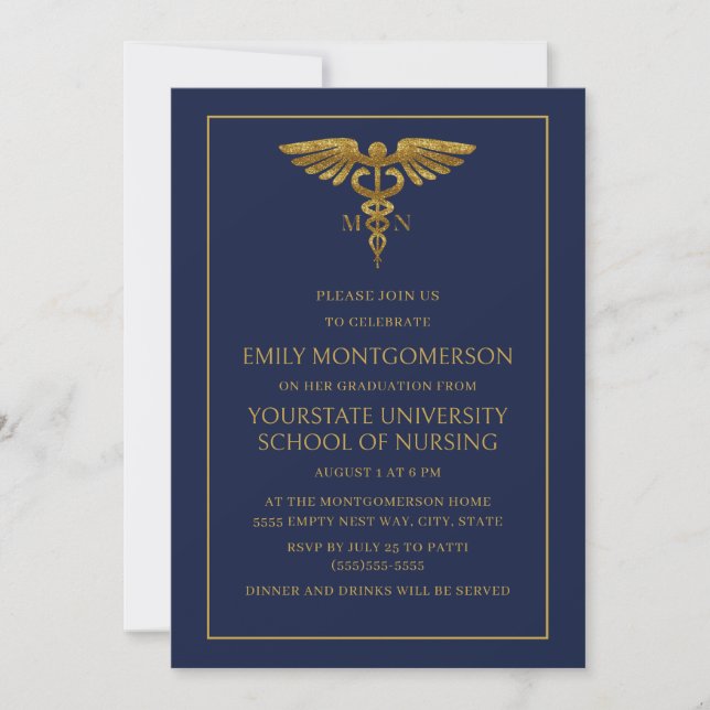 Modern Navy Blue Gold Nursing School MN Graduate Invitation (Front)