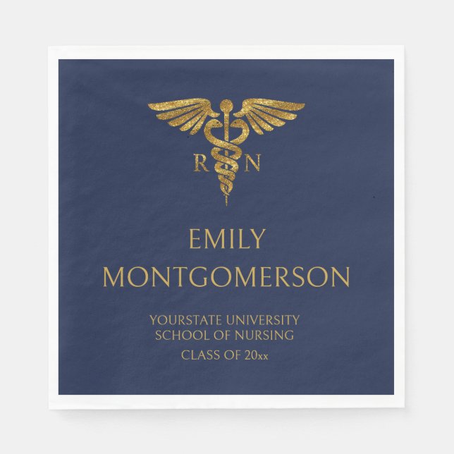 Modern Navy Blue Gold Nursing School RN Graduation Napkin (Front)