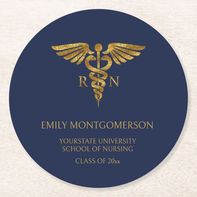 Modern Navy Blue Gold Nursing School RN Graduation Round Paper Coaster (Front)