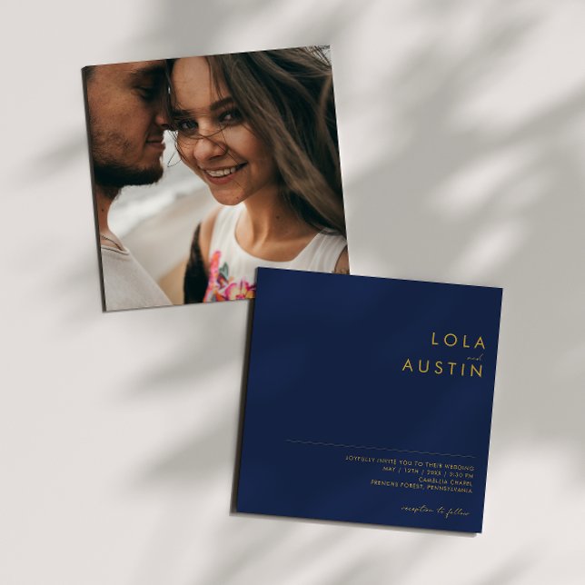 Modern Navy Blue | Gold Photo Square Wedding Invitation (Creator Uploaded)