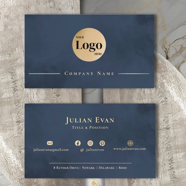 Modern Navy Blue Gold Professional Company Logo Business Card (Creator Uploaded)