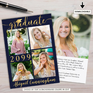 Modern Navy Blue Gold Script 5 Photo Graduate Announcement