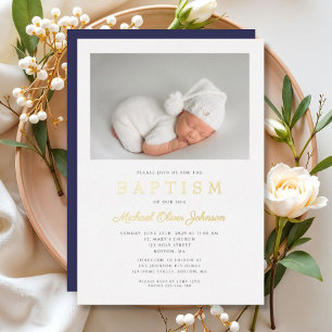 Modern Navy Blue Gold Script Photo Boy Baptism