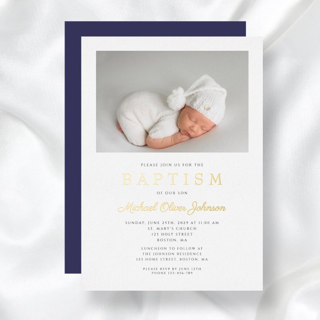 Modern Navy Blue Gold Script Photo Boy Baptism (Modern Navy Blue Gold Script Photo Boy Baptism Foil Invitation)