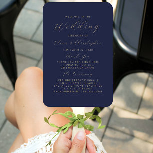 Modern Navy Blue Gold Script Wedding Program Hand Fan