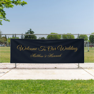Modern Navy Blue & Gold Script Wedding Welcome Banner