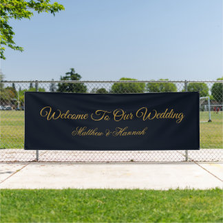 Modern Navy Blue & Gold Script Wedding Welcome Banner