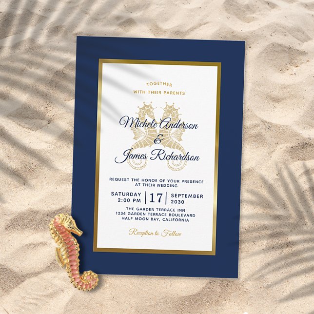 Modern Navy Blue Gold Seahorses Elegant Wedding Invitation (Creator Uploaded)